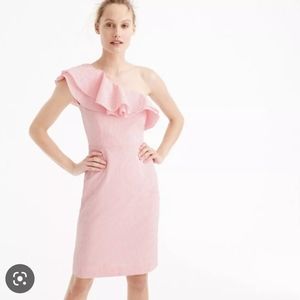 NWT J CREW  100%cotton One-shoulder Ruffle Dress Seersucker ,pink Sz 10